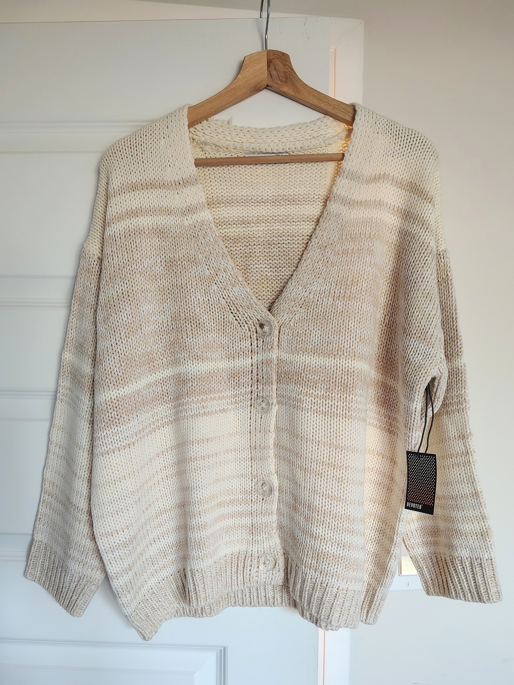 Relaxed V-Neck Button Cardigan Sweater in Cream Marled